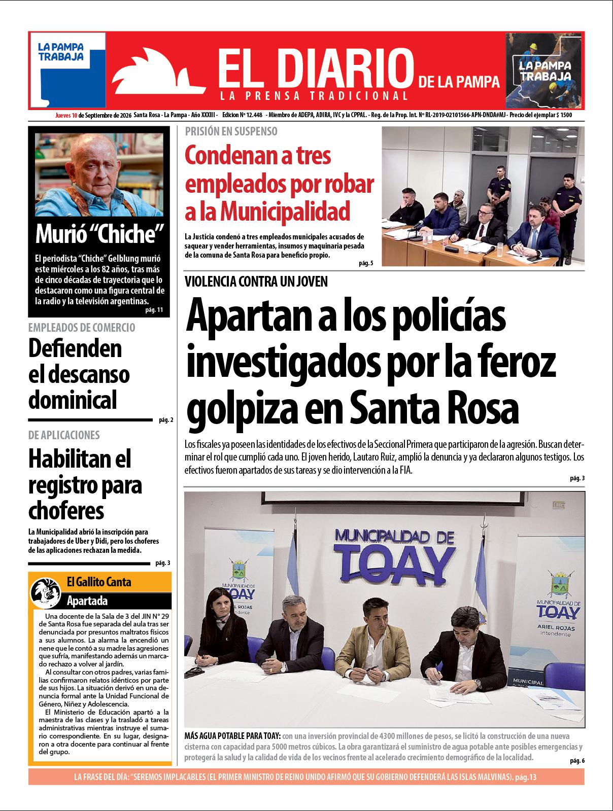 Tapa de El Diario en papel  jueves 10 de septiembre de 2026